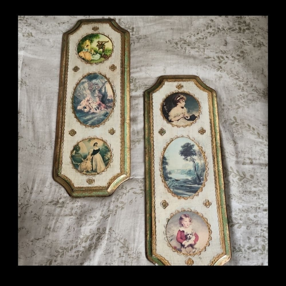 Vintage Italian Florentine Gilded Artisan Figural Art Prints Pair Coquette